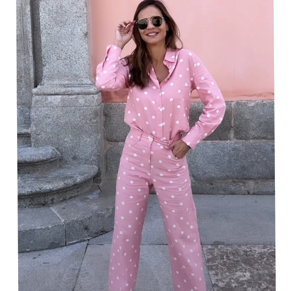Zara 2 pcs linen blend polka dot shirt + pants set - Picture 8 of 8